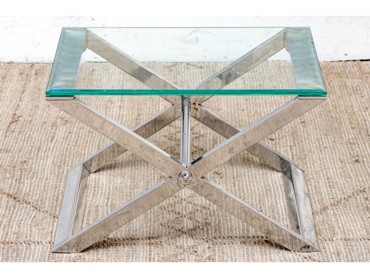Sleek Chrome And Glass Top 'X' Form Side Table