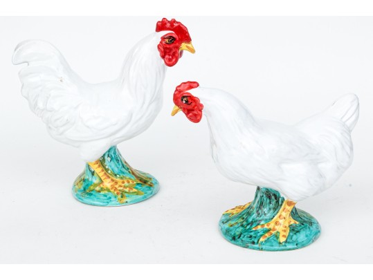 Adorable Pair Of Majolica Naturalistic Models Of Chickens