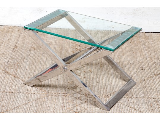 Sleek Chrome And Glass Top 'X' Form Side Table