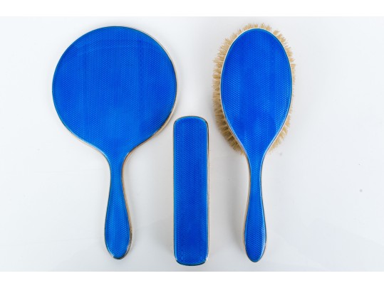 Exquisite Vintage Three- Piece Blue Guilloche Sterling Silver Mounted Dresser Set