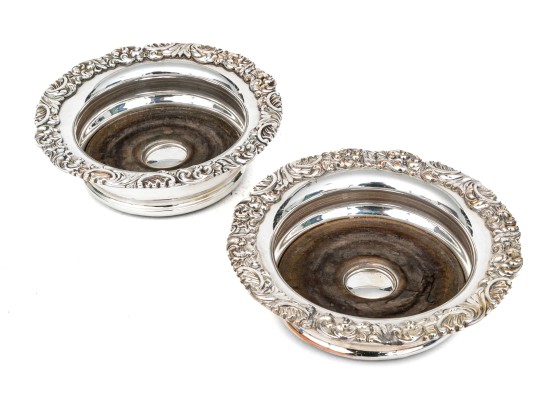 Pair Of Fine Vintage Silverplate Mounted Wine Coasters