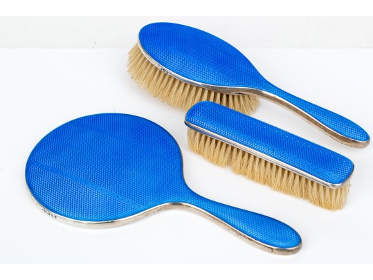 Exquisite Vintage Three- Piece Blue Guilloche Sterling Silver Mounted Dresser Set