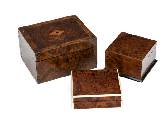 Group Of Three Fine Vintage / Antique Figured Wood Boxes