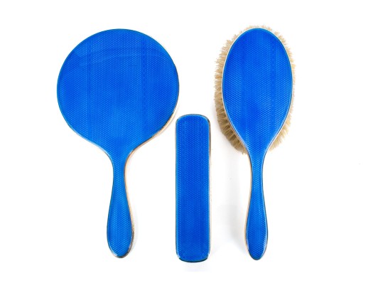 Exquisite Vintage Three- Piece Blue Guilloche Sterling Silver Mounted Dresser Set