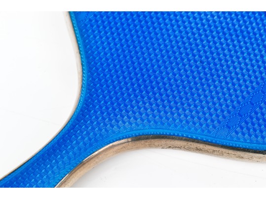 Exquisite Vintage Three- Piece Blue Guilloche Sterling Silver Mounted Dresser Set