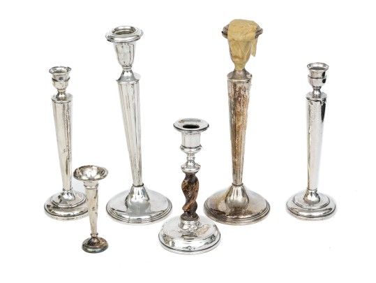 Collection Of Six Vintage Weighted Sterling Silver Candlesticks