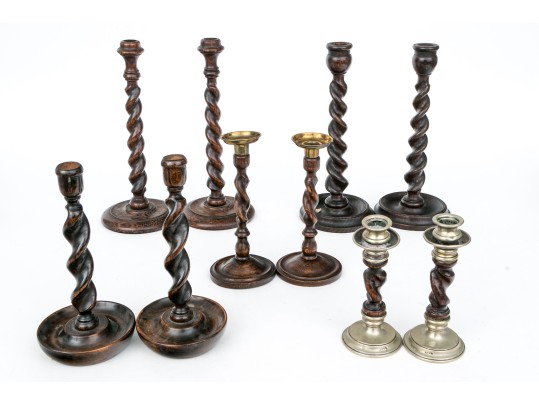 Collection Of 10 Antique Barley Twist Wood Candlesticks