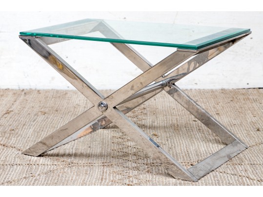 Sleek Chrome And Glass Top 'X' Form Side Table