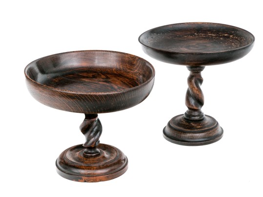 Two Antique, Associated Oak Carved Barley Twist Compote Bowls