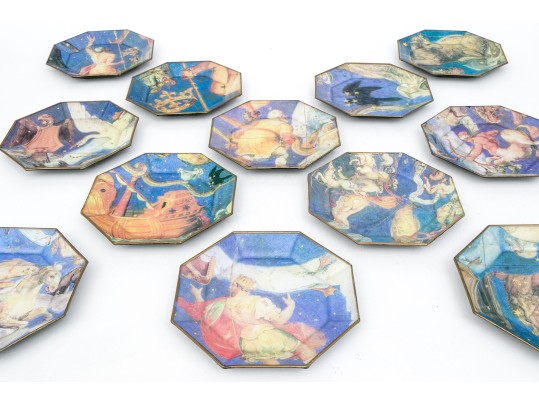 Vintage Set Of Twelve Decoupage Astrological Octagonal Plates