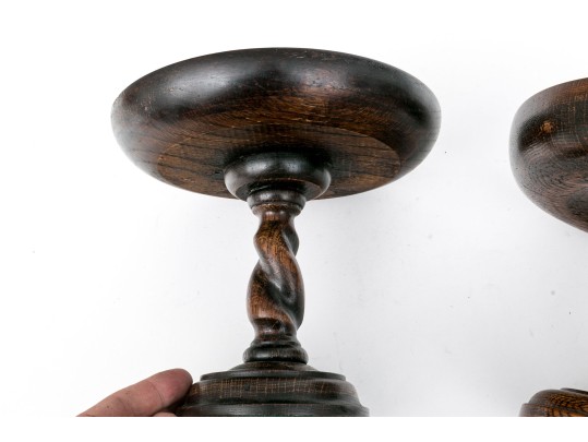 Two Antique, Associated Oak Carved Barley Twist Compote Bowls