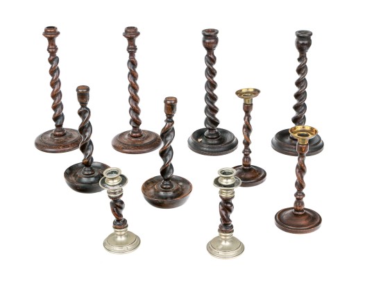 Collection Of 10 Antique Barley Twist Wood Candlesticks