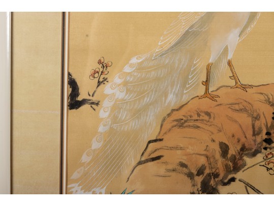 Excellent Japanese Silk Paintings Of White Peacocks