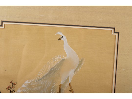 Excellent Japanese Silk Paintings Of White Peacocks
