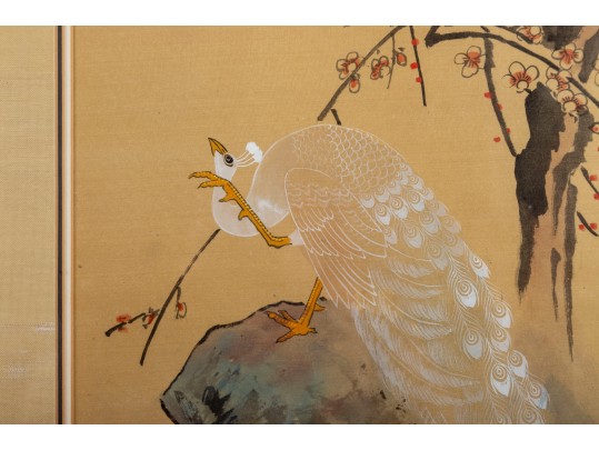 Excellent Japanese Silk Paintings Of White Peacocks