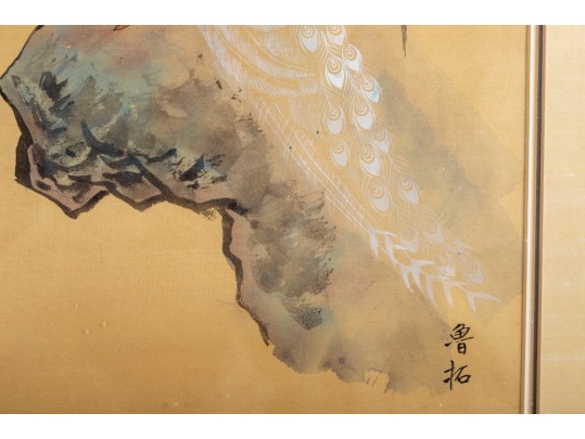 Excellent Japanese Silk Paintings Of White Peacocks