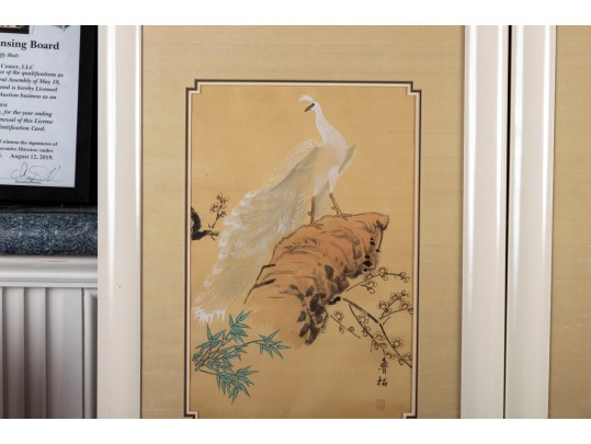 Excellent Japanese Silk Paintings Of White Peacocks