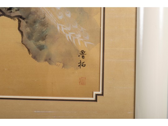 Excellent Japanese Silk Paintings Of White Peacocks