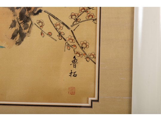 Excellent Japanese Silk Paintings Of White Peacocks