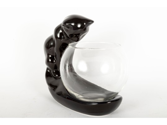 1989 Vandor Pelzman Design Ceramic Black Cat Fish Bowl Holder
