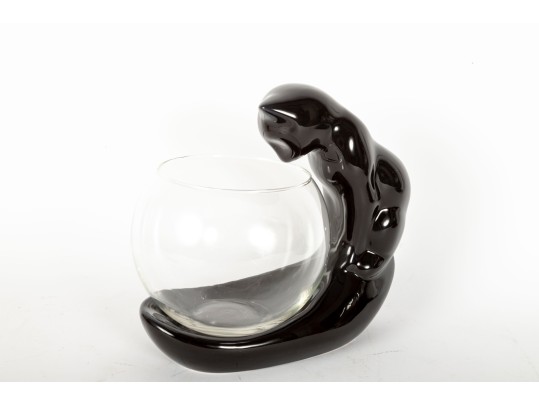 1989 Vandor Pelzman Design Ceramic Black Cat Fish Bowl Holder