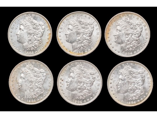 Six 1904 O Morgan Silver Dollar, BU
