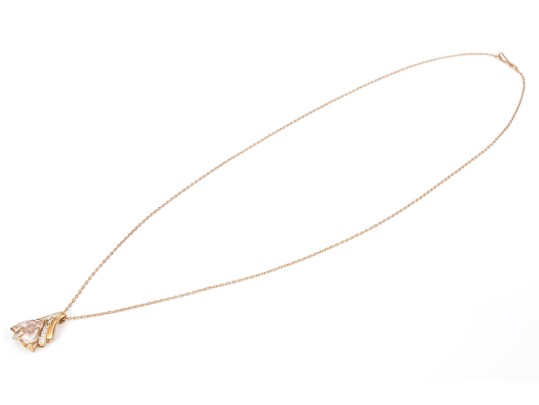 14k Rose Gold Beautiful Pink Morganite Trillion Diamond Set Swirl Pendant, With Chain