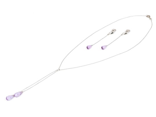 14k White Gold Pretty Purple Amethyst Briolette Necklace And Earrings Set