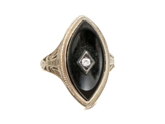 18k White Gold Antique Navette Profile Black Onyx Ring, Size 4.25, Diamond Center