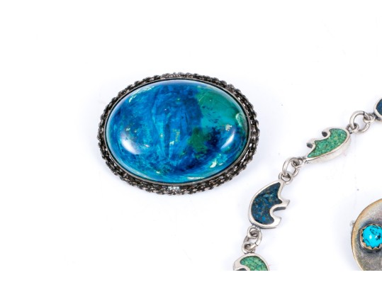 Lot Of Fun Southwestern Bear Motif Sterling Silver Brooch And Bracelet