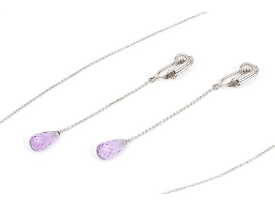 14k White Gold Pretty Purple Amethyst Briolette Necklace And Earrings Set