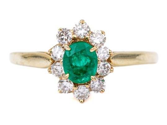 18k Yellow Gold Lovely Oval Emerald And Diamond Halo Ring, Size 7.5