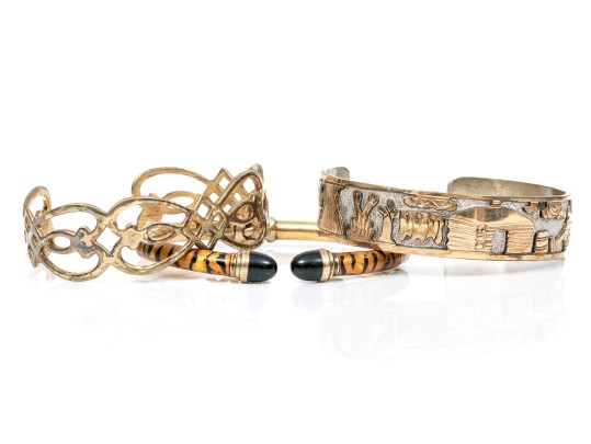 Sterling Silver Lot Of Three Cuff And Hinged Style Bracelets, Assorted Patterns