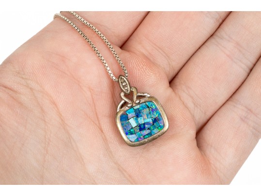 Pair Of Complementary Sterling Silver Opal Mosaic Set Earrings And Pendant, With Chain