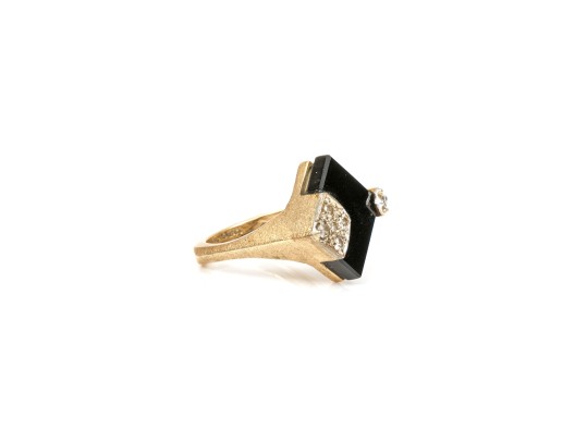14k Yellow Gold Contemporary Diamond Profile Black Onyx Ring, Size 6.75, Diamond Set