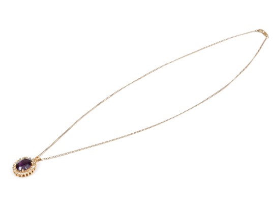 14k Yellow Gold Vintage Oval Amethyst And Diamond Halo Pendant, With Chain