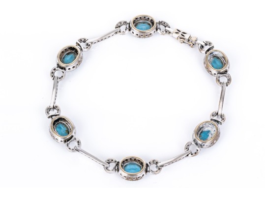 14k White Gold White Sapphire And Blue Glass Halo Link Bracelet