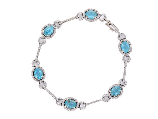 14k White Gold White Sapphire And Blue Glass Halo Link Bracelet