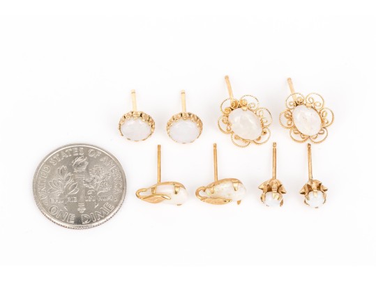 10k Gold Collection Of White Opal Stud Earrings, Posts With No Clutches