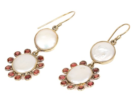 Sterling Vermeil Whimsical Cultured Freshwater Pearl And Garnet Flower Earrings