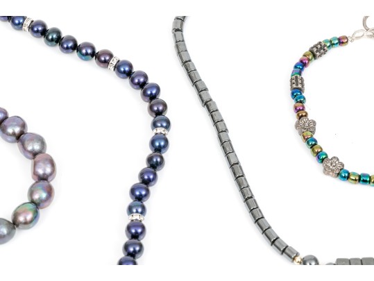 Fun Lot Of Cultured Black Freshwater Pearl Necklace And Bracelets, With A Hematite Necklace