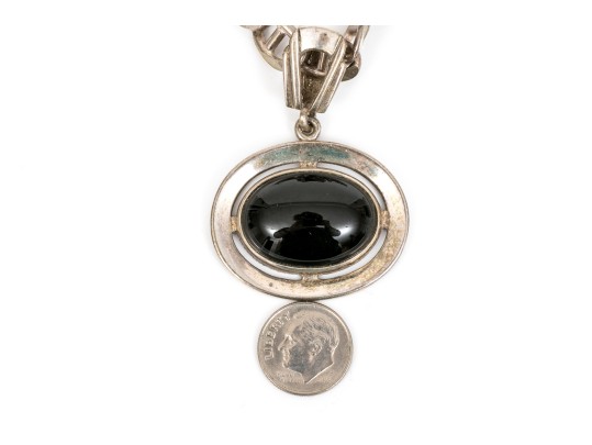 Sterling Silver Chunky Mariners Link Chain Necklace, With Contemporary Bold Black Onyx Pendant