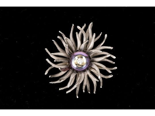 Galatea 14k White Gold Lovely Diamond Set Black Cultured Pearl Aster Motif Pendant