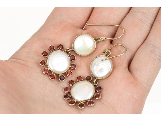 Sterling Vermeil Whimsical Cultured Freshwater Pearl And Garnet Flower Earrings