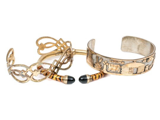 Sterling Silver Lot Of Three Cuff And Hinged Style Bracelets, Assorted Patterns