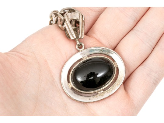 Sterling Silver Chunky Mariners Link Chain Necklace, With Contemporary Bold Black Onyx Pendant