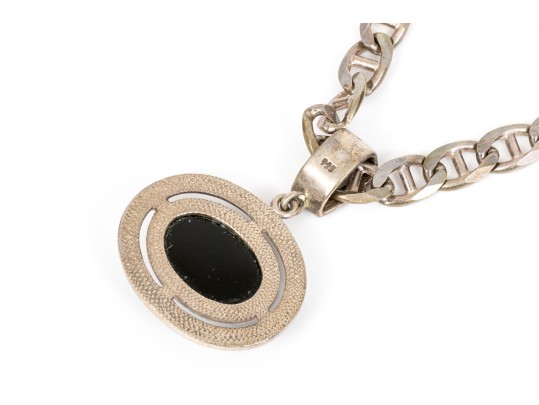 Sterling Silver Chunky Mariners Link Chain Necklace, With Contemporary Bold Black Onyx Pendant