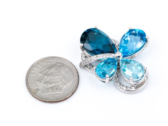 14k White Gold Beautiful Multi Toned Blue Topaz And Diamond Contemporary Cluster Pendant