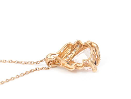 14k Rose Gold Beautiful Pink Morganite Trillion Diamond Set Swirl Pendant, With Chain