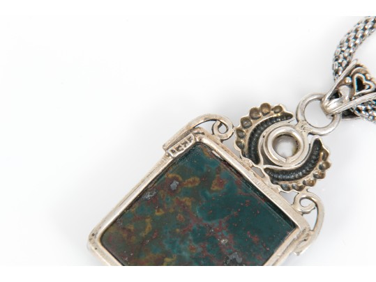 Sterling Silver Mesh Necklace, With A Handsome Bloodstone Pendant